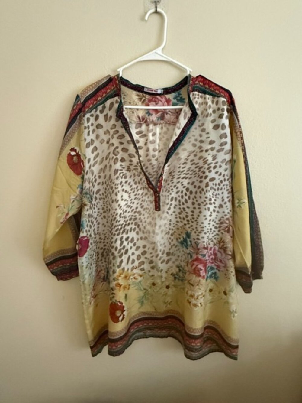 Johnny Was Sheer Oversized Yellow Floral & Leopard Print Tunic Luxe Boho Chic